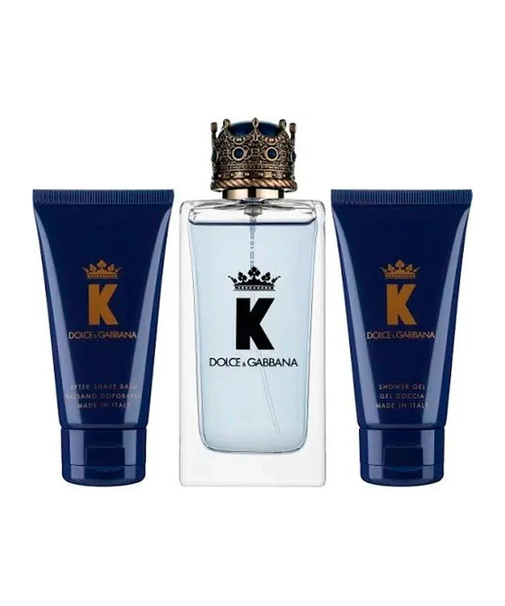 K 3-Piece Gift Set featuring 3.3 oz. Eau de Toilette, 1.7 oz. Aftershave, and 1.7 oz. Shower Gel.