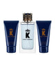 K 3-Piece Gift Set featuring 3.3 oz. Eau de Toilette, 1.7 oz. Aftershave, and 1.7 oz. Shower Gel.