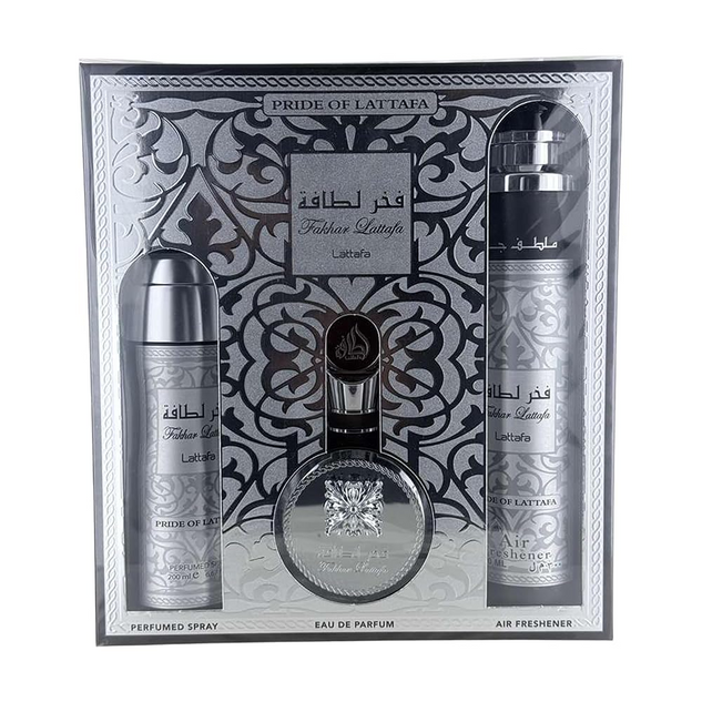 Fakhar 3-Piece Gift Set with 3.4 oz. Eau de Parfum, 6.7 oz Body Spray, and 10.0 Air Freshener
